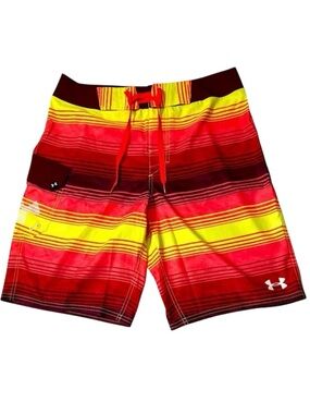 Under Armour Board Shorts Mens 32 HeatGear Striped Swim Surf Red Yellow Stretch